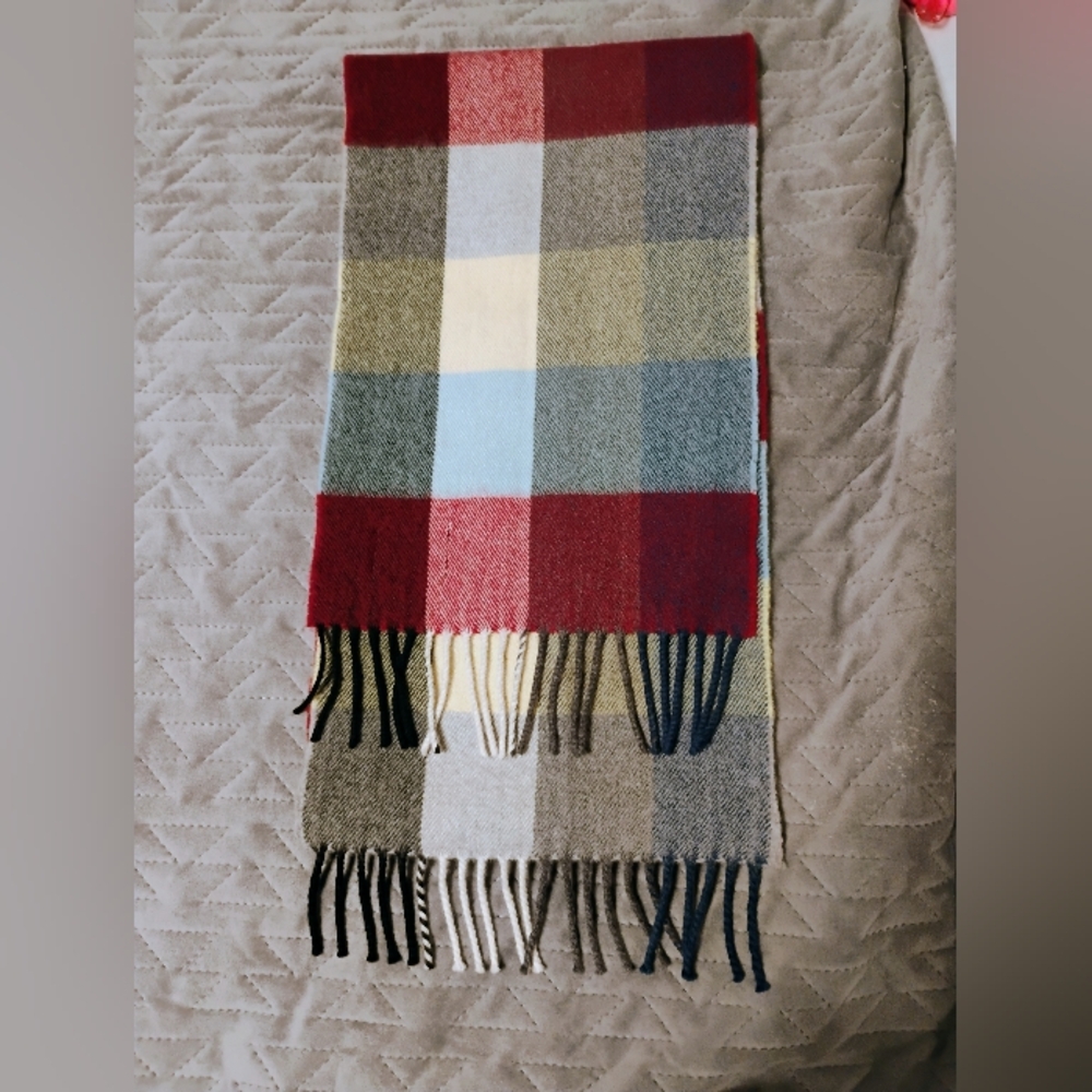 Avoca brand "100% pure new wool" scarf made in Ireland. blue red and grey